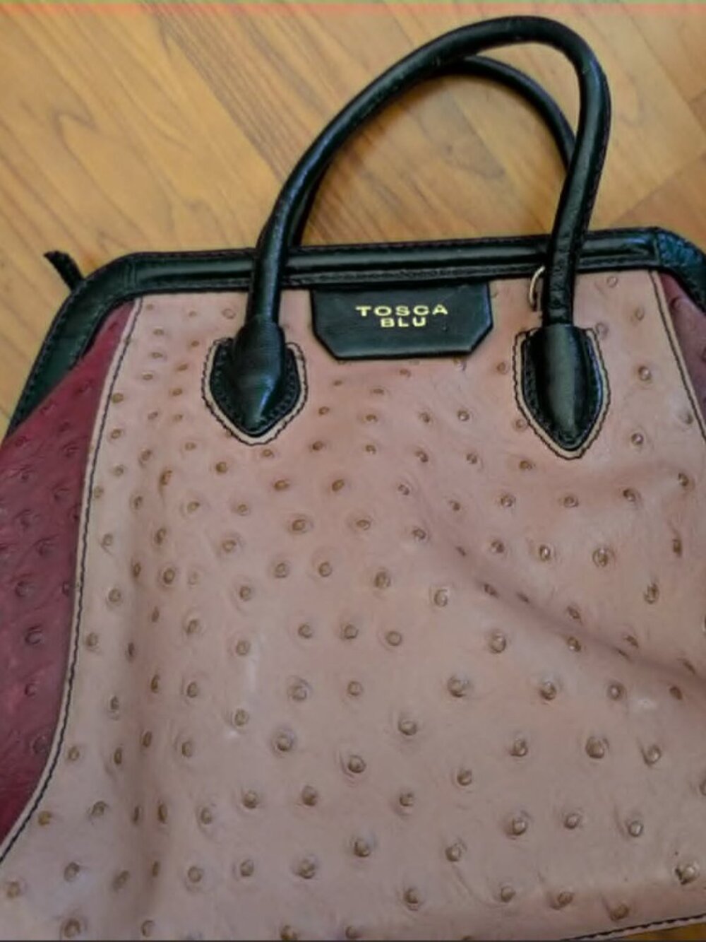 Tosca Blu Ostrich-Embossed Leather Satchel Handbag - Pink & Bordeaux